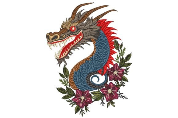 Blue Chinese Dragon and Flowers Embroidery