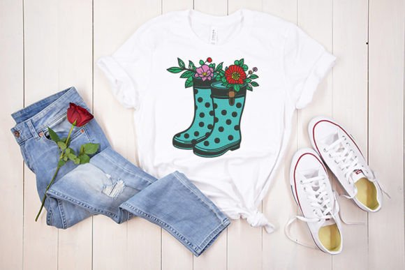 Flowers and Dotted Rubber Boots Embroidery