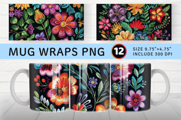 Flowers Embroidery Mug Wrap Design for Boutique Apparel