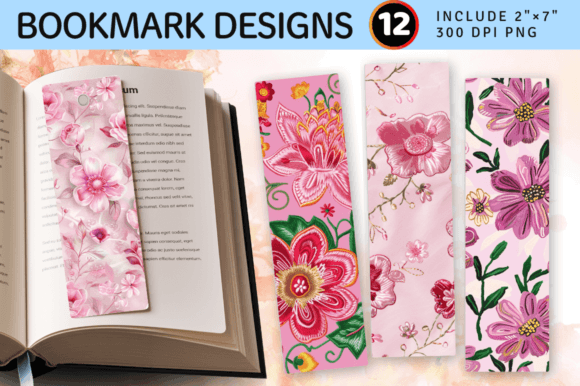 Pink Embroidery Flowers PNG Bookmark Design